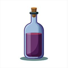 Vintage glass bottle filled with deep purple liquid, sealed with a cork, isolated on a white background