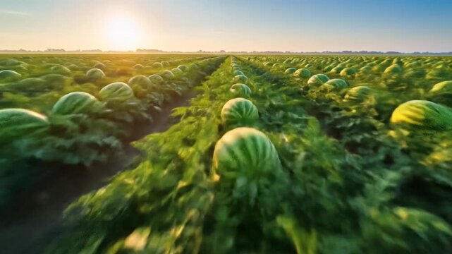 Watermelon field at sunrise: A dynamic view of a vast watermelon crop under the morning sun.