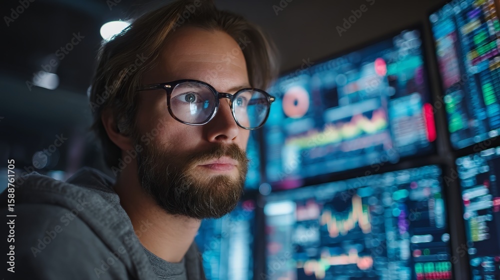 Poster focused trader analyzes stock market data displayed on multiple monitors in a dimly lit office envir