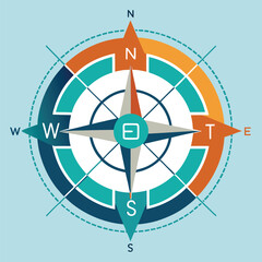 Stylish and modern compass rose depicting north south east and west directions on a light blue background