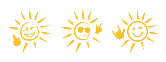 Three Happy Suns with Gestures Summer, Joy, and Positive Vibes