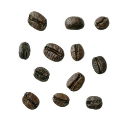 A scattered arrangement of coffee beans on a white isolated background, showcasing their rich texture and dark brown color, perfect for coffee enthusiasts and culinary designs.