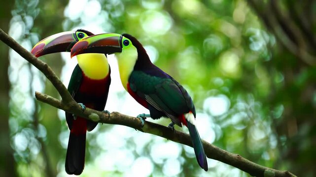 Two colorful toucans perched on a tree branch in jungle