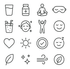 Wellness icon collection: simple line health, meditation, yoga, sleep, nature, relaxation vector icons