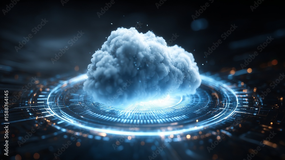 Poster digital cloud hovering over futuristic glowing platform signifying innovative technologies and moder