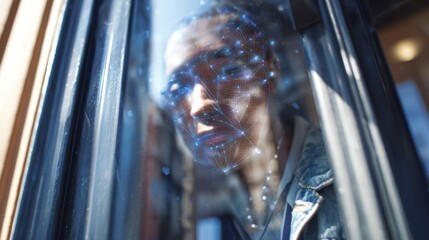 Technological Reflection: A person is portrayed with the striking incorporation of a digital interface overlay, illustrating the fusion of the human element with modern technology.