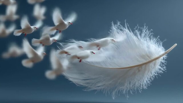 White pillows gently float down against a blue background, releasing white doves that soar peacefully into the distance. Dreamlike and symbolic motion.

