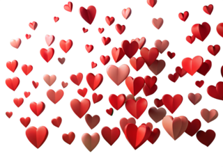 Floating red and pink paper hearts gently cascade against a dark backdrop, symbolizing love and Valentine's Day romance, transparent background
