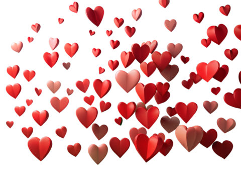 Floating red and pink paper hearts gently cascade against a dark backdrop, symbolizing love and Valentine's Day romance, transparent background