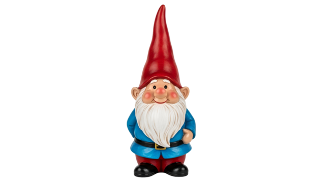 Colorful Garden Gnome Figurine with Red Hat and Blue Outfit on Transparent Background
