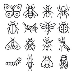 Insect icon collection: simple silhouette bugs. butterfly, bee, ant, grasshopper vector icons