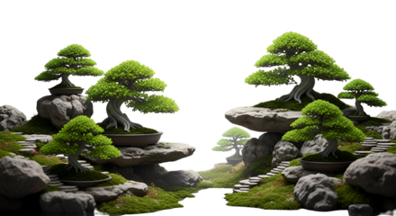 Miniature Bonsai Trees on Rock Terraces in Zen Garden Style with Green Foliage and Stones