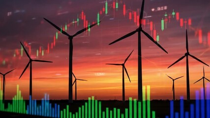 Wind turbines stand at sunset with superimposed stock market graphs - Powered by Adobe