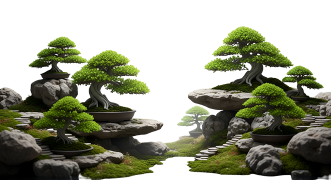 Miniature Bonsai Trees on Rock Terraces in Zen Garden Style with Green Foliage and Stones