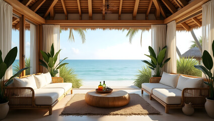 Fototapeta premium Relaxing open-air lounge in a coastal bungalow, featuring bamboo decor, ocean view, and natural seaside ambiance in soft neutral tones.