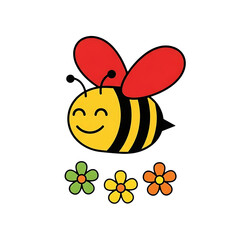 Obraz premium Cute cartoon bee with red wings and flowers isolated on transparent background