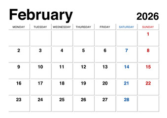 2026年2月のカレンダー月曜始まり 日本の祝日表記無し
