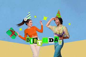 Composite art collage image of happy girl guy dance birthday party present gift greeting card wear...