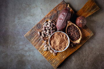 Top view of cocoa powder with cocoa bean and cocoa nibs, cacao pods on gray background