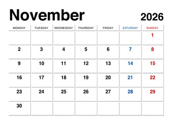 2026年11月のカレンダー月曜始まり 日本の祝日表記無し
