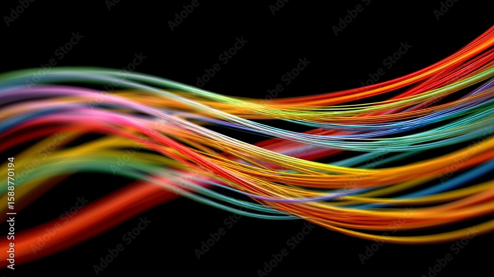 Poster Abstract composition featuring vibrant multicolored strands against a stark black background creating a dynamic visual effect.