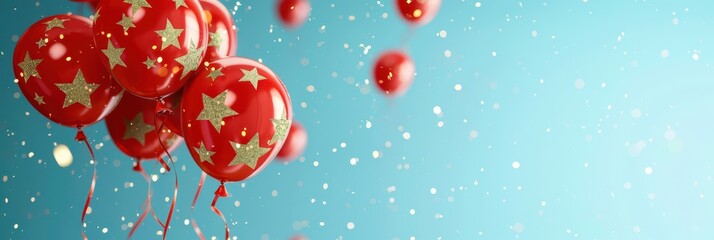Vietnam national day celebration with festive red star balloons and confetti on blue background. Independence Day of Vietnam. Horizontal banner. Copy space. Red balloons with golden stars