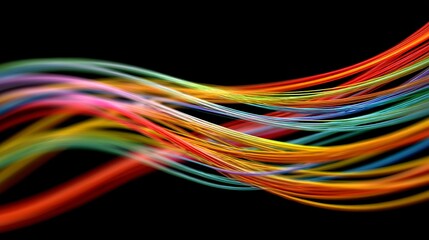 Abstract composition featuring vibrant multicolored strands against a stark black background creating a dynamic visual effect.