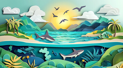 Tropical Paradise Illustration Sharks, Sea, and Scenic Beauty a tranquil seascape with sharks swimming beneath a bright sun, evoking a sense of wonder and peacefulness.