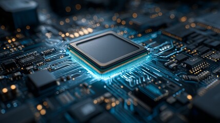 Fototapeta premium Intricate motherboard illuminated with blue light showcasing the central processing unit, a symbol of modern technology, computing and connectivity.