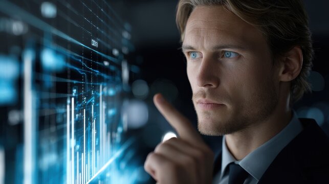 A man is pointing at a computer screen with a blue background