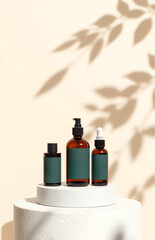 Minimalist scene featuring a natural skincare bottle placed on a stone stand with soft leaf shadows on a beige background. Clean, organic, and elegant aesthetic with no text or people.