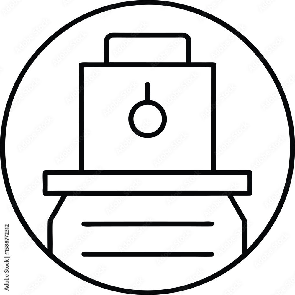 Poster line art icon representing print time estimate with a clock and percentage symbol isolated on transp