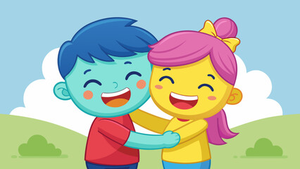 Joyful cartoon children hugging outdoors with a bright blue sky and green hills