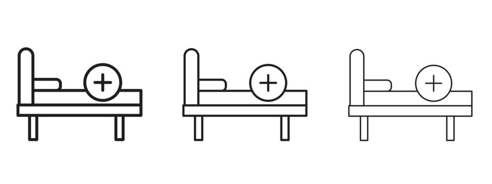 Hospital bed icon thin line symbol on white background, editable stroke vector illustration