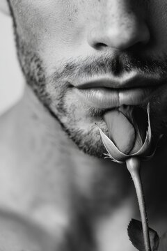 Man with rose in mouth poses for a striking black and white portrait