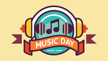 Fototapeta premium Fun cartoon illustration of headphones with musical notes and music day text