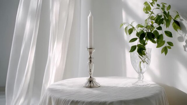 Silver candlestick with white candle and green plant in glass vase on a table with white tablecloth