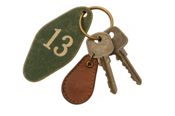 Old Worn Out Hotel Room Key Number Thirteen with Leather Key Fob on Transparent Background