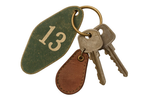 Old Worn Out Hotel Room Key Number Thirteen with Leather Key Fob on Transparent Background