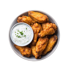 Fototapeta premium Delicious crispy fried chicken wings served with a creamy dipping sauce on a white isolated background.