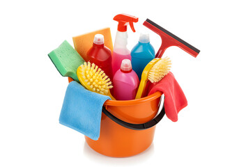 Cleaning supplies in orange bucket