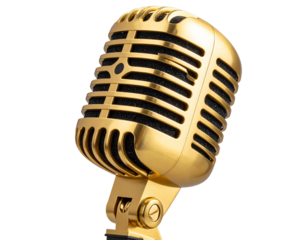 Angled Golden Microphone with Tilted Head and Studio Vibe, Isolated on Transparent Background”
