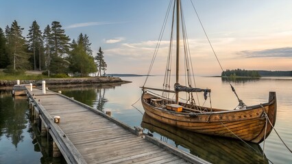 Obraz premium Antique Wooden Sailboat Docked on Calm Harbor.