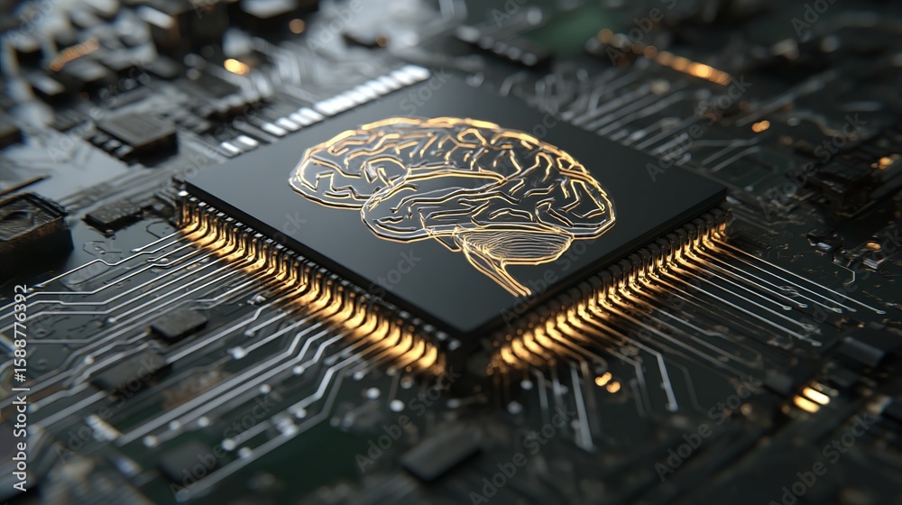 Poster conceptual depiction of artificial intelligence featuring brain graphic on modern computer processor