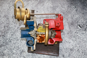 Turbocharger Cut-away and showing the inside part. isolated on  background. Anatomy turbocharger.