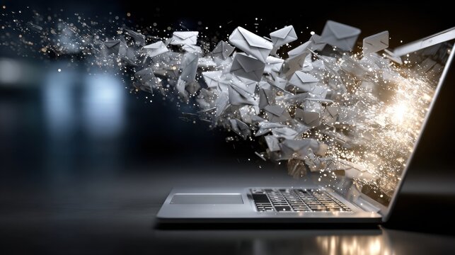 A laptop screen shows a white envelope flying through the air