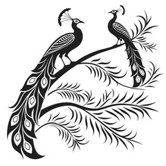 Obraz premium Two ornate peacocks perched on a decorative branch