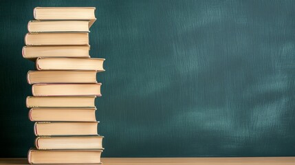 Stacked books resting on a wooden desk, positioned in front of a blank chalkboard, symbolize back to school themes and highlight the significance of education and learning