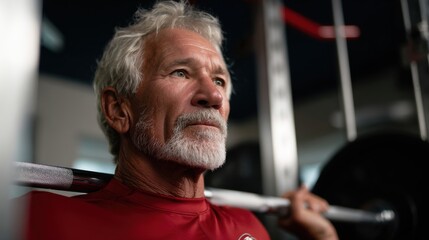 A man in a red shirt is lifting weights