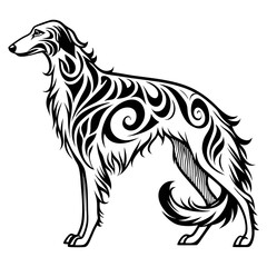 A borzoi dog in a stylized black and white illustration
